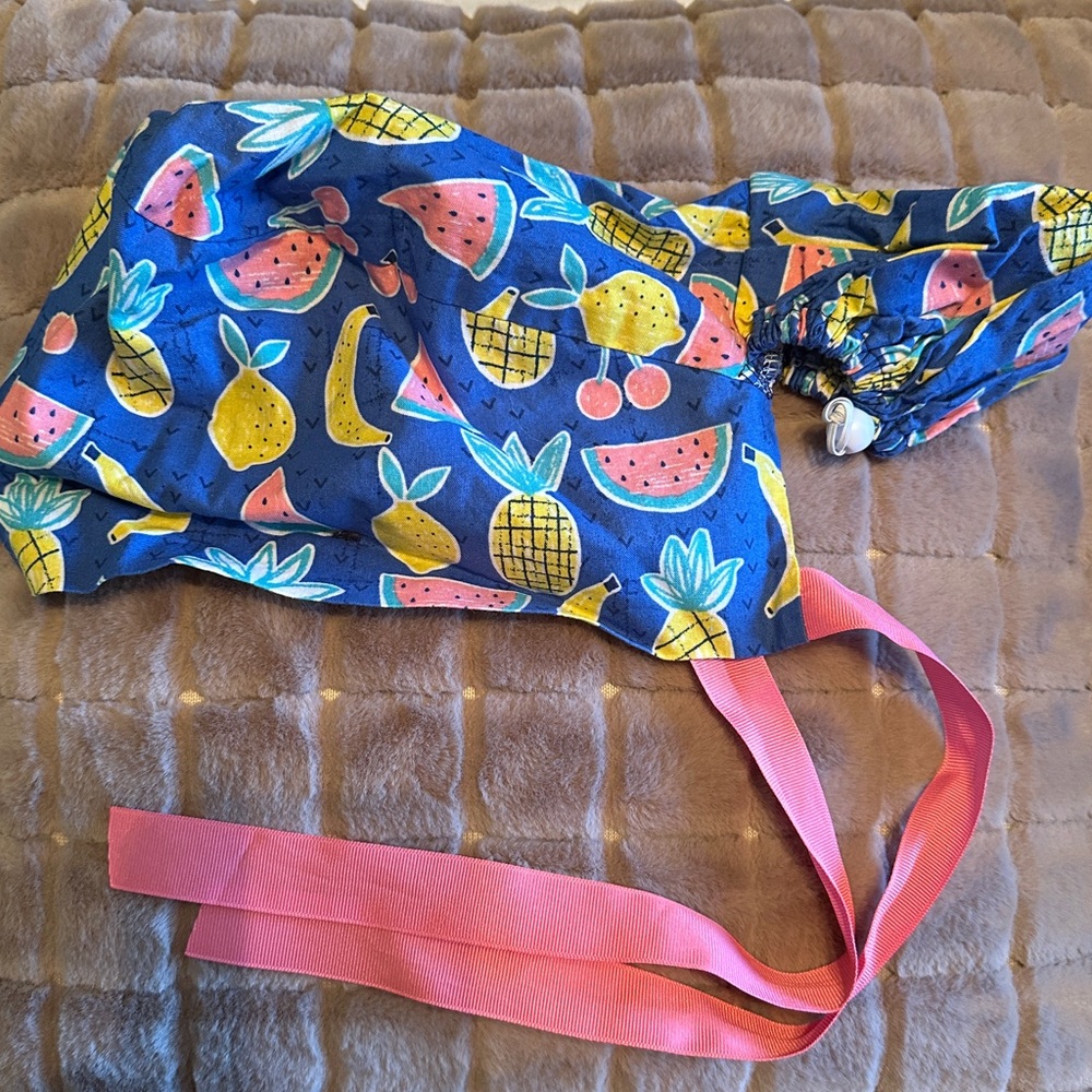 Bright and fun fruit themed ponytail scrub cap